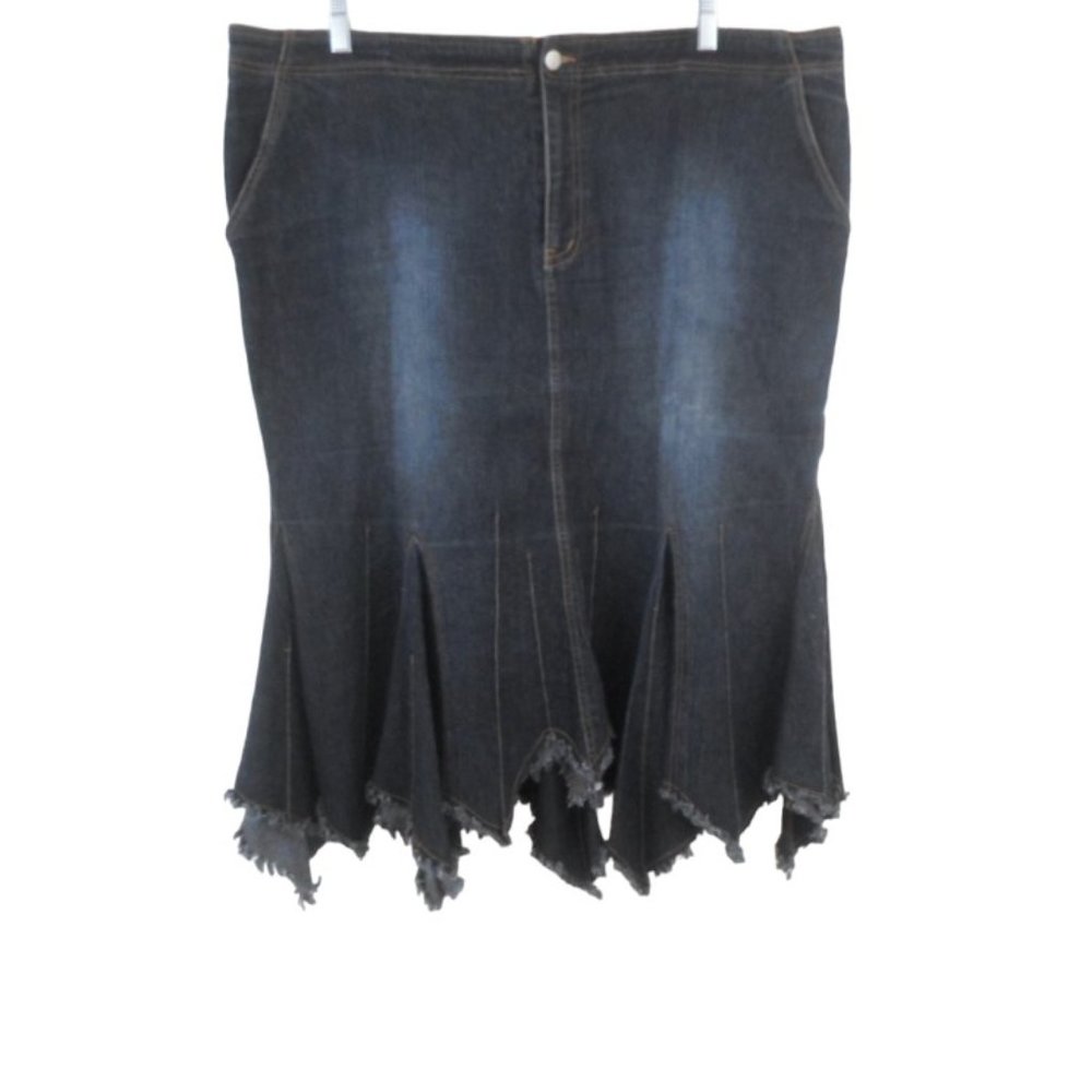 Goddess Trend Denim Skirt Dark Wash Fairy Shark Bite Hankie Hem